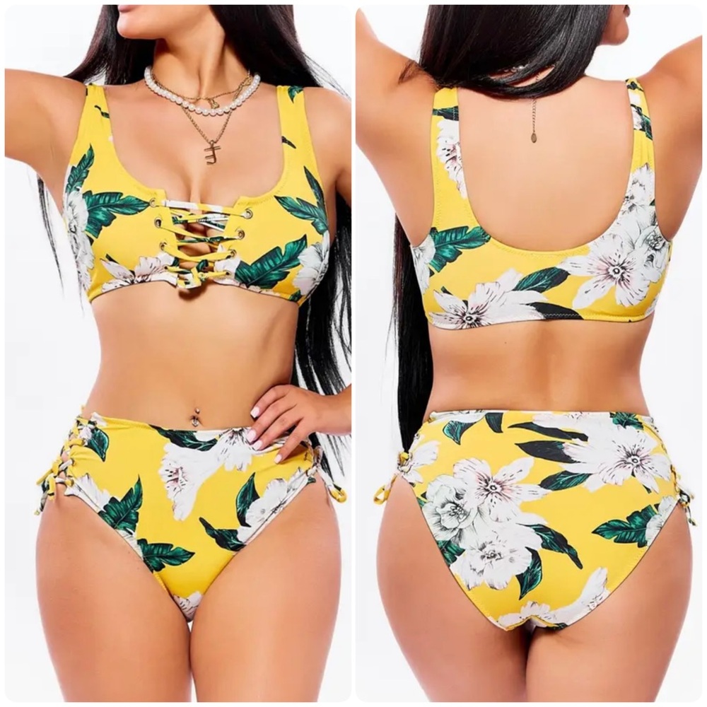 Tropical Floral Lace Up High Waist Bikini Set